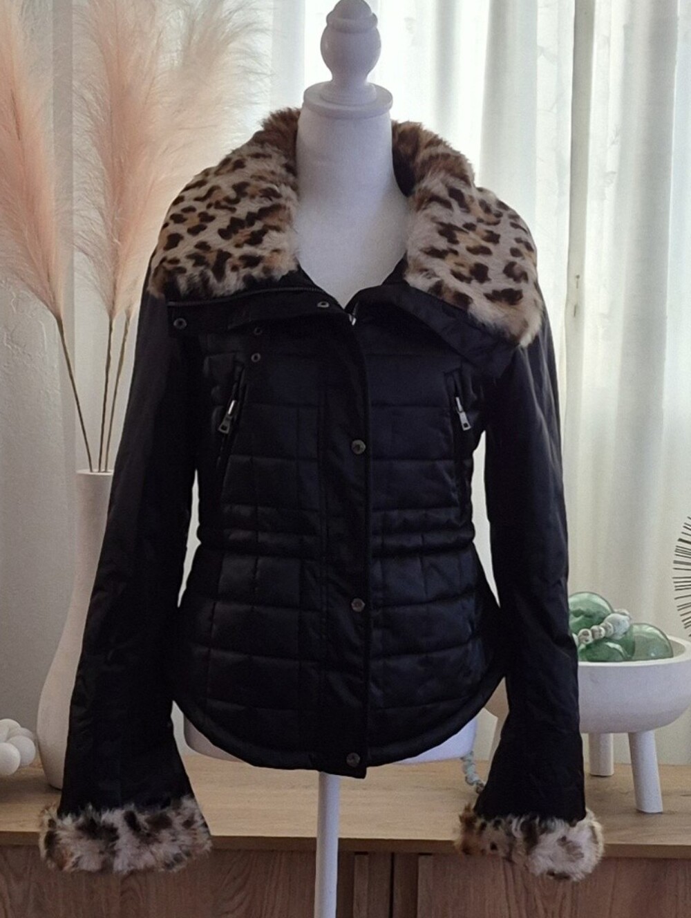 Andrew Marc Black Quilted Thermore Jacket with Leopard Faux Fur Collar & Cuffs